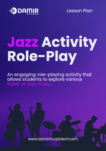 A purple and blue gradient lesson plan cover titled "Jazz Activity Role-Play" with the Damir Musicverse logo at the top. The text describes an engaging role-playing activity for students to explore various styles of Jazz music. At the bottom, silhouettes of a jazz band, including a bassist, saxophonist, drummer, and pianist, are depicted against the background, along with the website "www.damirmusictech.com."