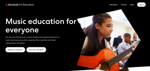 A webpage titled "Music education for everyone" from BandLab for Education. The black background features a photo of a young woman playing an orange classical guitar, with other students in the background playing instruments. Below the title, a description highlights BandLab's award-winning music creation features for fostering creativity and collaboration. Two buttons at the bottom read "Start as a Teacher" and "Start as a Student." The top navigation includes links for "Individual," "Privacy," "Help," and "Log in."
