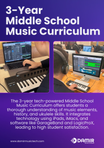 Promotional graphic for a "3-Year Middle School Music Curriculum." The header is bold in white text on a gradient purple background. Two photos are featured: on the left, a student works on a laptop with Logic Pro X and a MIDI keyboard, and on the right, students wearing headphones work on music projects on iMacs with MIDI keyboards. Below, a description explains the curriculum's focus on music elements, history, and ukulele skills, integrating technology through iPads, iMacs, GarageBand, and Logic Pro X. At the bottom, the website "www.damirmusictech.com" is displayed with the Damir Musicverse logo.