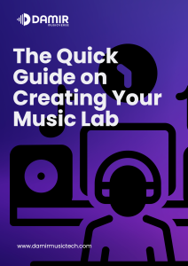 A promotional graphic titled "The Quick Guide on Creating Your Music Lab." The text is in bold white on a gradient purple background. The design features black vector-style illustrations of music equipment, including headphones, speakers, and a musical note. At the top, the "Damir Musicverse" logo is displayed, and at the bottom, the website "www.damirmusictech.com" is listed.