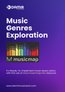 A vibrant graphic titled "Music Genres Exploration" with bold white text on a deep purple gradient background. Below the title, the "Musicmap" logo is prominently featured, showcasing colorful geometric bars resembling a sound equalizer. The text mentions "6 x Ready-to-implement music lesson plans with the use of www.musicmap.info resource." The "Damir Musicverse" logo is placed at the top, and the website "www.damirmusictech.com" is displayed at the bottom.