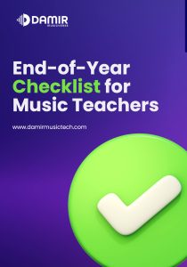 A vibrant graphic with a purple background showcasing the title "End-of-Year Checklist for Music Teachers." The word "Checklist" is highlighted in green for emphasis. Below the title is the website address "www.damirmusictech.com." A large green circular icon with a bold white checkmark is displayed at the bottom right corner, symbolizing a completed task. The "Damir Musicverse" logo is positioned at the top left.