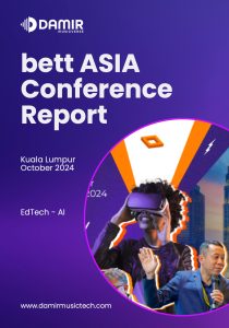 A vibrant conference report cover with a purple background titled "bett ASIA Conference Report" in bold white text. Below the title, it states "Kuala Lumpur, October 2024" and "EdTech - AI" in smaller text. The lower-right section of the cover features a circular cutout with a collage: a woman smiling while using a VR headset, a man speaking with a microphone, and abstract orange and purple graphic elements. The "Damir Musicverse" logo is positioned at the top left, and "www.damirmusictech.com" is at the bottom.