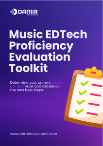 A visually engaging graphic titled "Music EDTech Proficiency Evaluation Toolkit" in bold white text against a vibrant purple background. Beneath the title, the subtitle reads, "Determine your current music ed-tech level and decide on the next best steps," with "music ed-tech" highlighted in pink. On the right, a colorful clipboard illustration features a checklist with green checkmarks and pink bullet points. The "Damir Musicverse" logo is positioned at the top left, and the website "www.damirmusictech.com" is displayed at the bottom.