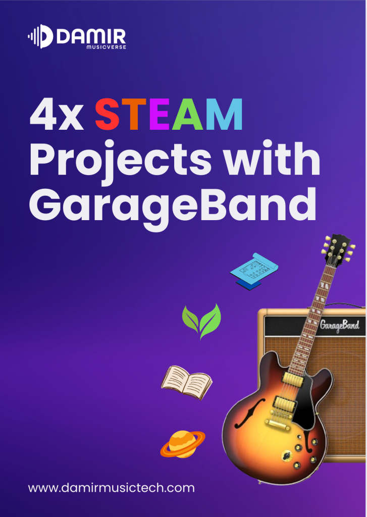 A colorful graphic showcasing the title "4x STEAM Projects with GarageBand" on a vibrant purple background. The word "STEAM" is highlighted with each letter in a different color (red, orange, green, blue, and purple) to represent the STEAM acronym. Below the title are icons symbolizing STEAM elements: a blueprint, a leaf, an open book, and a planet, alongside a realistic image of a guitar and a GarageBand amplifier. The "Damir Musicverse" logo is positioned at the top left, and the website "www.damirmusictech.com" is located at the bottom.