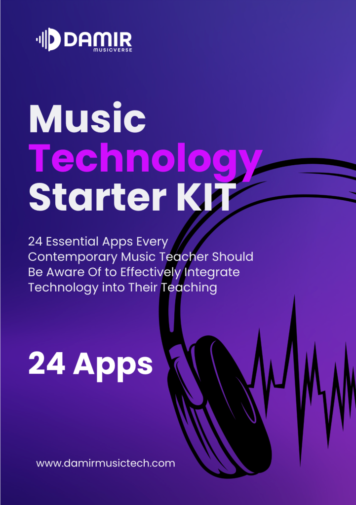 A purple and blue gradient cover titled "Music Technology Starter Kit" with the Damir Musicverse logo at the top. The subtitle reads, "24 Essential Apps Every Contemporary Music Teacher Should Be Aware Of to Effectively Integrate Technology into Their Teaching." A black silhouette of headphones and a soundwave design is on the right. The bottom displays the text "24 Apps" and the website "www.damirmusictech.com."






