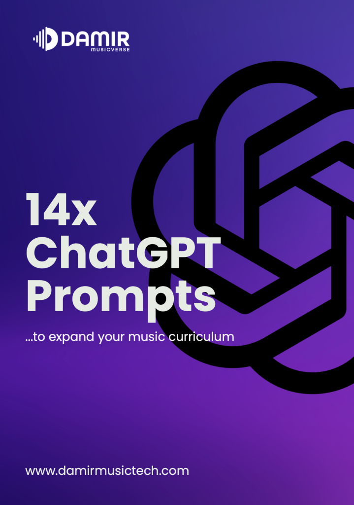 A digital cover titled "14x ChatGPT Prompts... to expand your music curriculum" on a purple gradient background. The design features the Damir Musicverse logo at the top and a large, abstract geometric logo resembling ChatGPT on the right side. The website URL "www.damirmusictech.com" is displayed at the bottom.