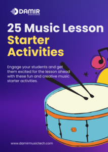 A digital cover titled "25 Music Lesson Starter Activities" with a playful illustration of a colorful drum and drumsticks on a gradient purple background. The text reads, "Engage your students and get them excited for the lesson ahead with these fun and creative music starter activities." The logo "Damir Musicverse" is at the top, and the website URL "www.damirmusictech.com" is at the bottom.