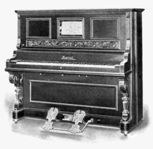 Black and white image of the Aeriol Piano, an early 20th-century player piano manufactured by the Aeolian Company, New York, in 1901. The upright piano features intricate wood carvings, ornate pedals, and a built-in music roll display, showcasing the craftsmanship of the era.