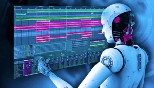 A futuristic depiction of artificial intelligence (AI) creating music, featuring a humanoid robot interacting with a digital audio workstation (DAW) interface. The screen displays multiple tracks, including piano, guitar, and string sections, with colorful waveforms and mixer controls. The scene symbolizes AI's role in music production and electronic composition.