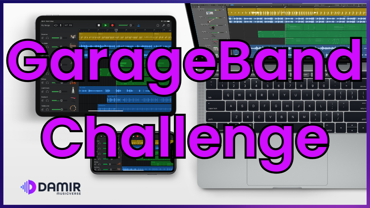 thumbnail featuring a "GarageBand Challenge" theme. The title "GarageBand Challenge" is prominently displayed in bold purple text across the image. The background includes an image of a MacBook keyboard and a tablet displaying the GarageBand app with music tracks visible. The branding in the lower left corner includes the logo for "DAMIR Musicverse."