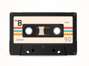 A retro-style illustration of a black cassette tape labeled 'Side B' with a beige label featuring colorful horizontal stripes in red, orange, and blue. The tape indicates a total runtime of 90 minutes, split into two 45-minute sections. The transparent window reveals the brown magnetic tape inside, and the design evokes the classic look of cassette tapes from the 1980s and 1990s.