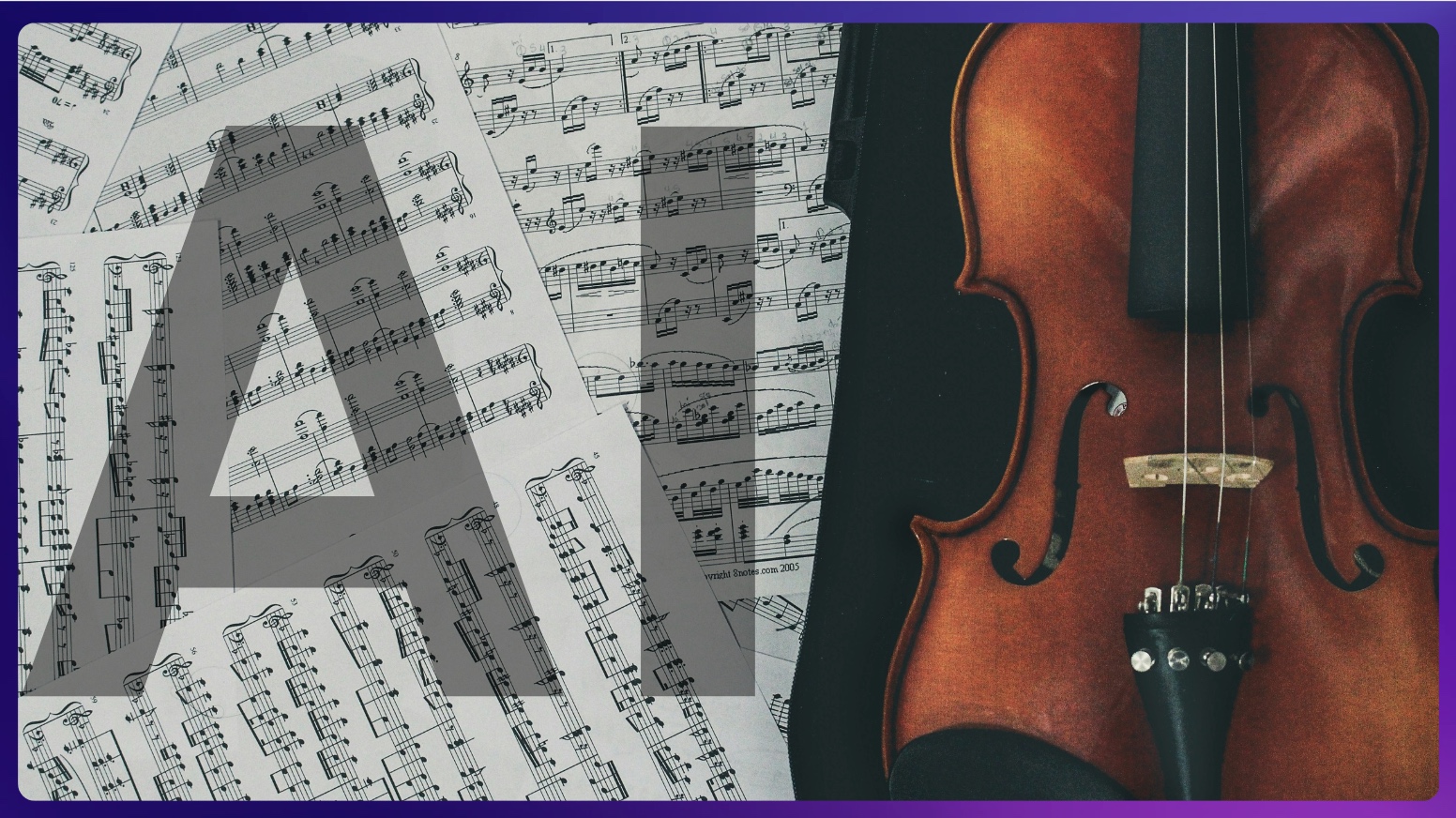 A creative composition featuring a violin on the right side and scattered sheets of classical music notation in the background. The letters 'AI' are subtly overlaid on the sheet music, blending into the design. The image visually represents the intersection of artificial intelligence and music, symbolizing AI's role in music composition and analysis.