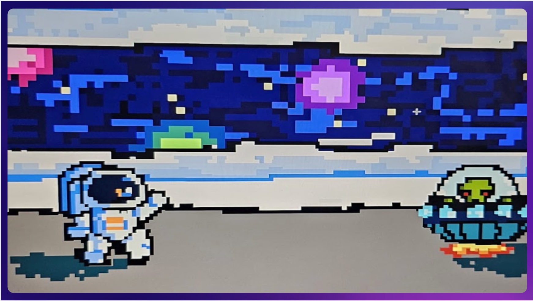 Pixel art-style illustration of an astronaut and an alien spaceship against a cosmic background. The astronaut, dressed in a blue and white spacesuit, raises one arm toward the hovering UFO, which contains a green alien with red eyes. The background features a deep blue starry sky with pixelated planets and clouds, evoking a retro video game aesthetic.