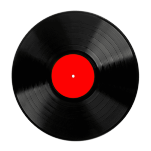 A black vinyl LP record with a red center label, spinning in an animation. The record grooves are clearly visible, reflecting light as it rotates, giving a dynamic and retro feel.