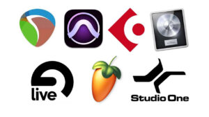 A collection of digital audio workstation (DAW) logos, including Reaper, Pro Tools, Cubase, Logic Pro, Ableton Live, FL Studio, and Studio One. These DAWs are widely used for music production, recording, and mixing by professionals and hobbyists.