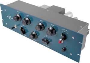 A Pultec EQP-1A program equalizer, a classic analog tube equalizer used in professional audio production. The unit features multiple knobs for adjusting frequency, boost, and attenuation, housed in a blue metal casing with a vintage design.