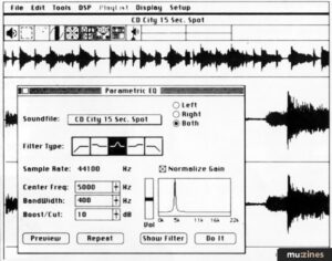 A vintage digital audio editing interface displaying a waveform with a parametric equalizer (EQ) settings panel. The software interface includes options for adjusting sample rate, filter type, center frequency, bandwidth, and gain normalization. The interface represents early digital sound processing tools used for audio editing and enhancement.