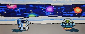 Pixel art-style illustration of an astronaut and an alien spaceship against a cosmic background. The astronaut, dressed in a blue and white spacesuit, raises one arm toward the hovering UFO, which contains a green alien with red eyes. The background features a deep blue starry sky with pixelated planets and clouds, evoking a retro video game aesthetic.