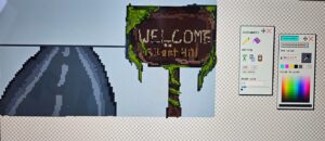 A pixel art creation in progress on a digital painting software, showing a road leading to a weathered wooden sign reading 'WELCOME to Silent Hill' with green vines growing on it. The right side of the screen displays the software's interface, including color selection tools, brush settings, and editing options. The pixelated design and dark color palette give the artwork a retro video game aesthetic.