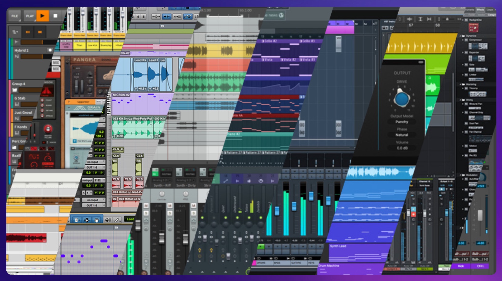 A collage of multiple digital audio workstations (DAWs) showcasing different music production interfaces. Each segment displays various features such as waveform editing, MIDI sequencing, mixing consoles, and audio effects, representing the diversity of DAW software used for recording, editing, and producing music.