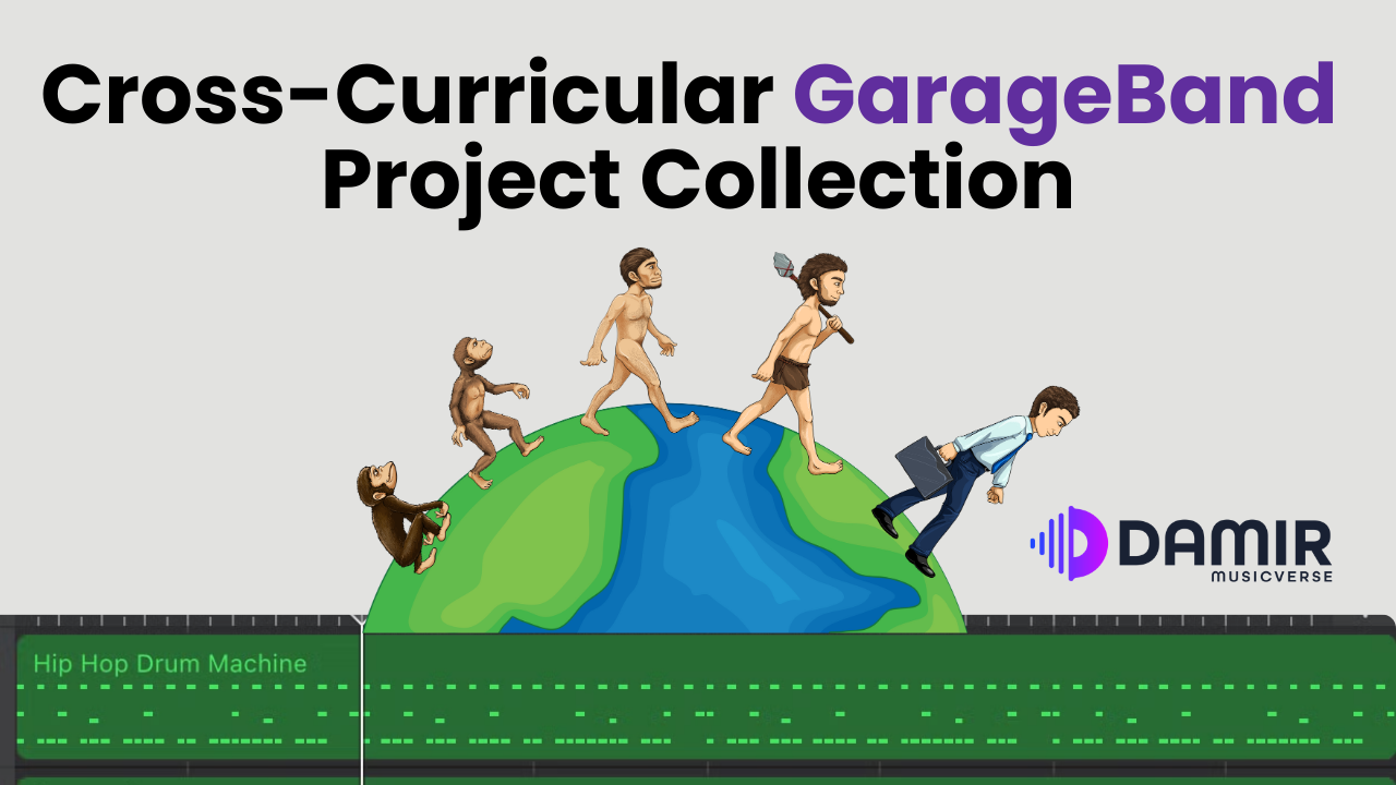 Cover image for 'Cross-Curricular GarageBand Project Collection' by Damir Musicverse. The graphic shows the evolution of humans from apes to modern professionals walking across a globe. Below the earth is a digital music track labeled 'Hip Hop Drum Machine,' representing music technology integration across disciplines.